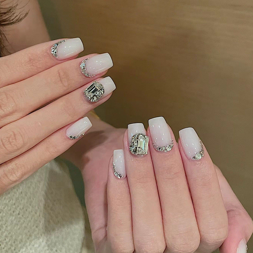Glamorous Elegance Square White Press On Nail Set Long with Stunning Rhinestone Accents
