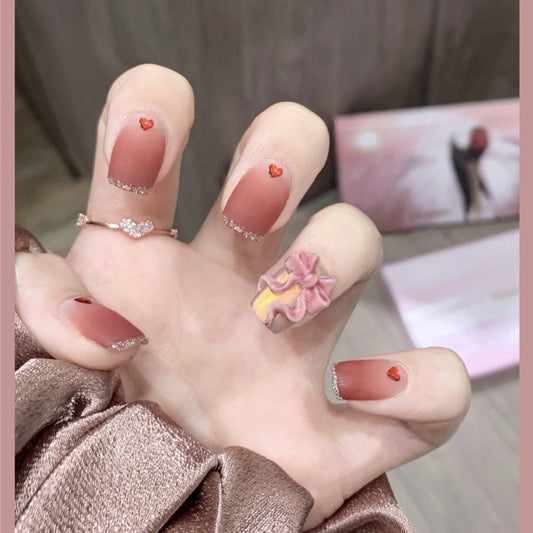 Elegant Bridal Collection Short Square Matte Blush Pink Press On Nails with Glitter Accents and 3D Bow Design