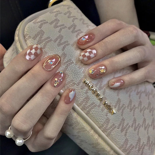 Elegant Bridal Medium Squoval Beige Press On Nails with Sparkling Accents and Geometric Patterns