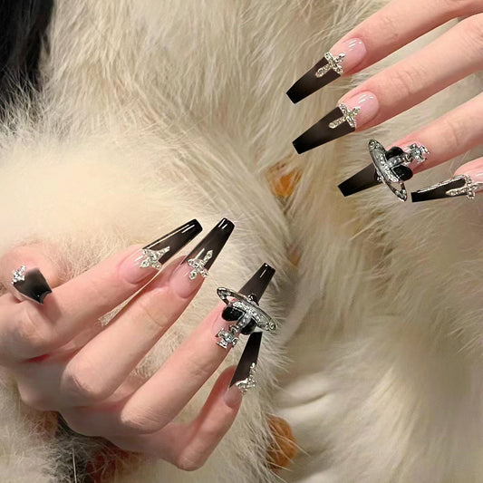Gothic Glam Press On Nail Set Long Coffin Black with Skull and Cross Charm Accents