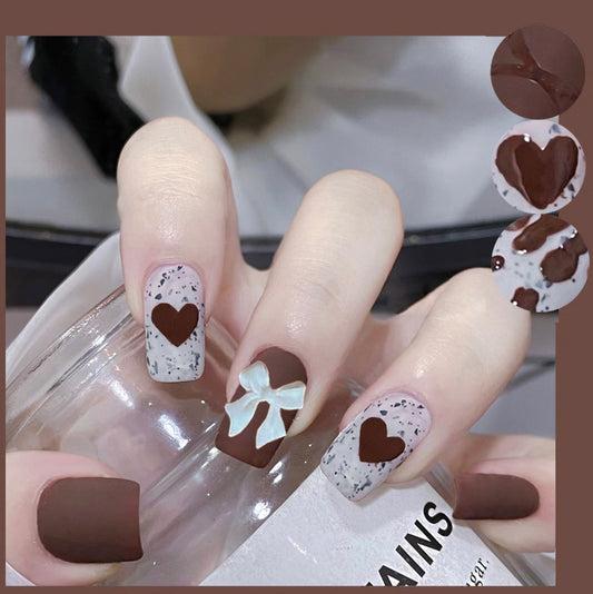 Sweetheart Splendor Medium-Length Square Press On Nails in Chocolate and Cream with Speckled Heart Design