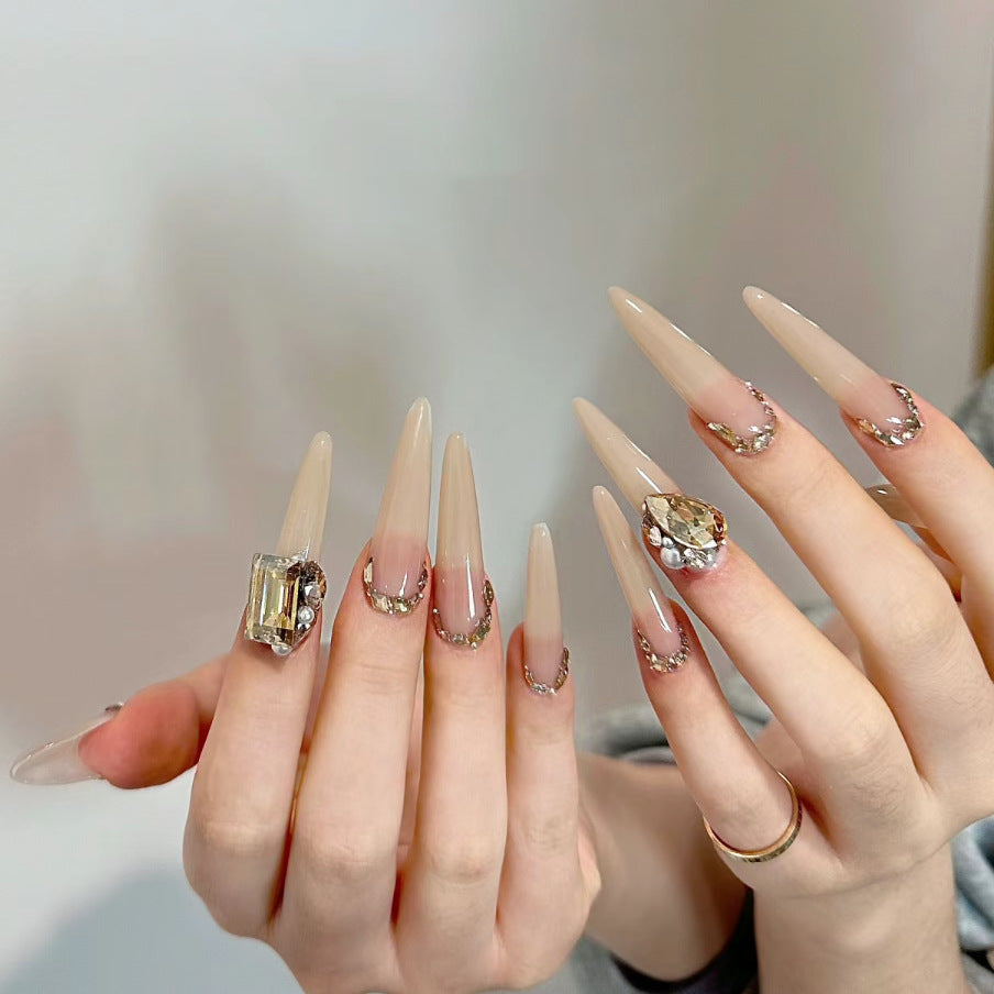 Glamorous Elegance Extra Long Sharp Stiletto Beige Press On Nail Set with Crystal Embellishments