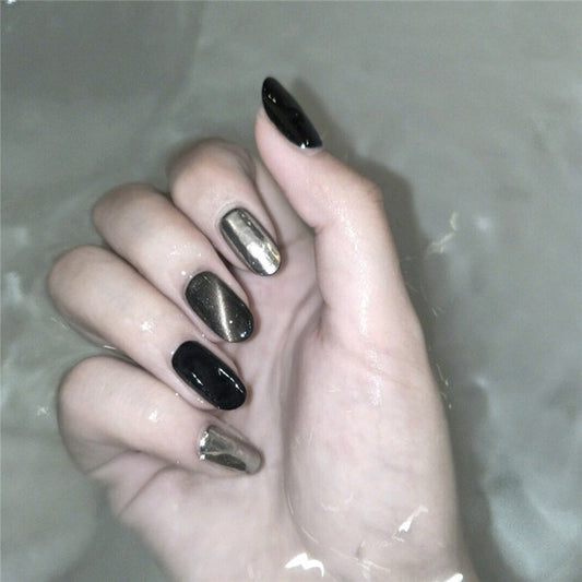 Mystical Midnight Long Oval Black and Silver Glitter Press On Nail Set