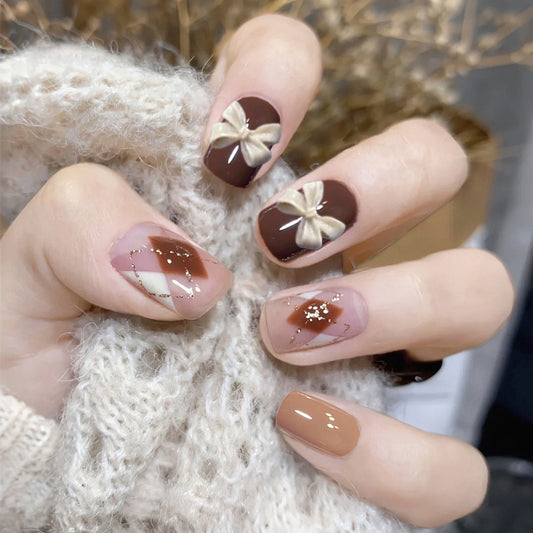 Autumn Elegance Medium Square Brown Press On Nail Set with Gold Bow Accents and Glitter Detail