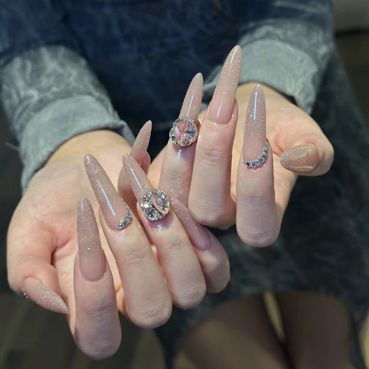Glamorous Fairy Tale Long Almond Shaped Beige Glitter Press On Nail Set with Rhinestone Accents