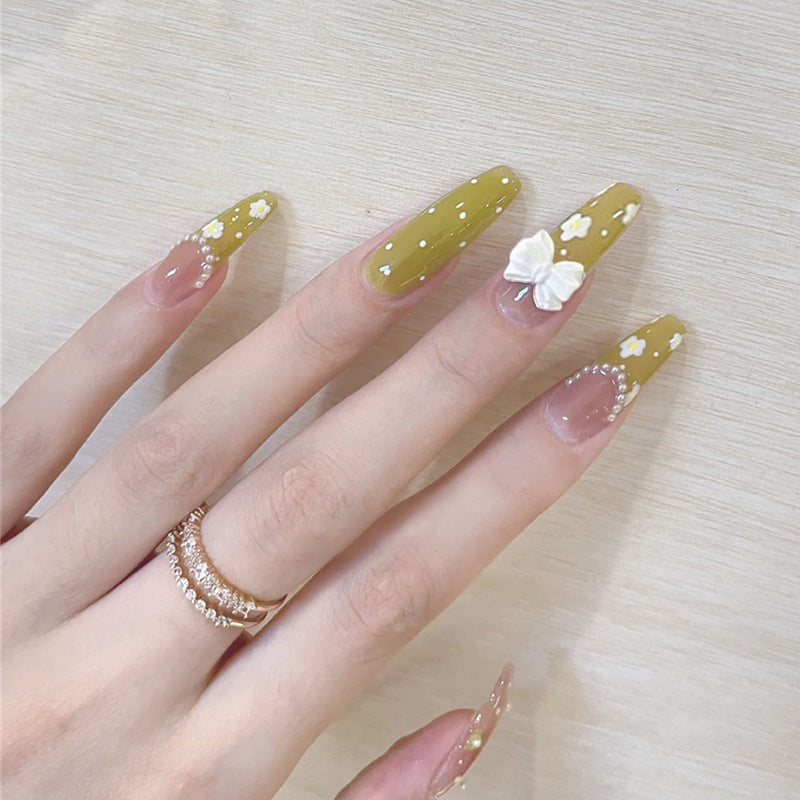 Spring Blossom Olive Green Long Coffin Press-On Nail Set with White Floral Accents