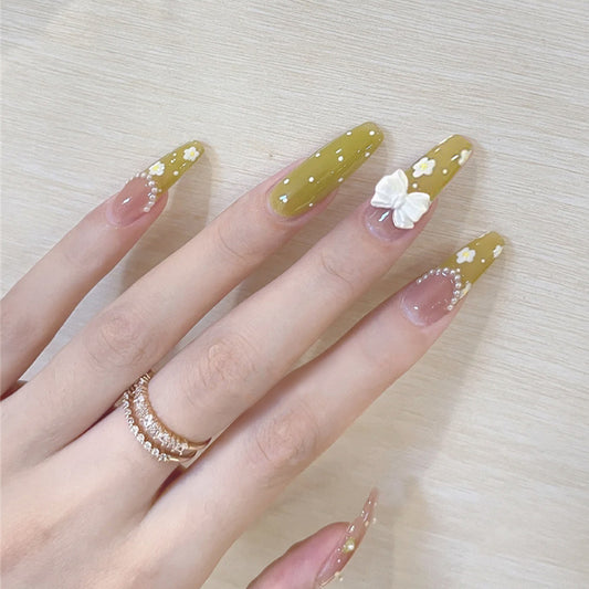 Spring Blossom Olive Green Long Coffin Press-On Nail Set with White Floral Accents
