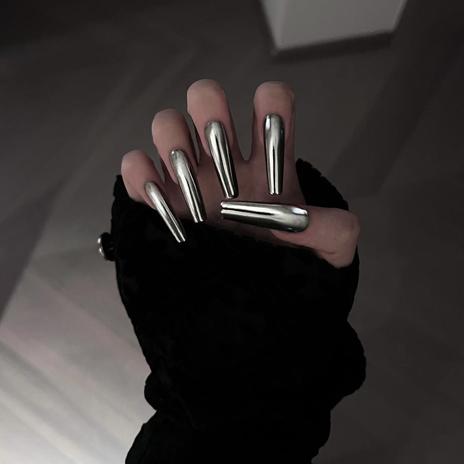 Futuristic Glam Long Coffin Metallic Silver Press On Nail Set with Unique Mirror Finish