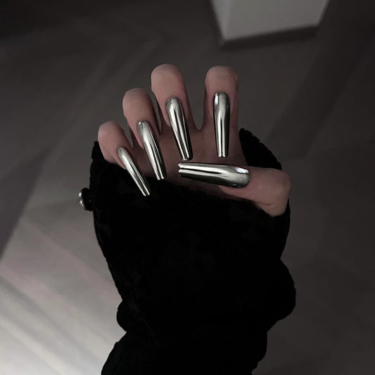 Futuristic Glam Long Coffin Metallic Silver Press On Nail Set with Unique Mirror Finish