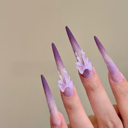 Whimsical Garden Long Stiletto Gradient Purple Press On Nail Set with Floral Accents