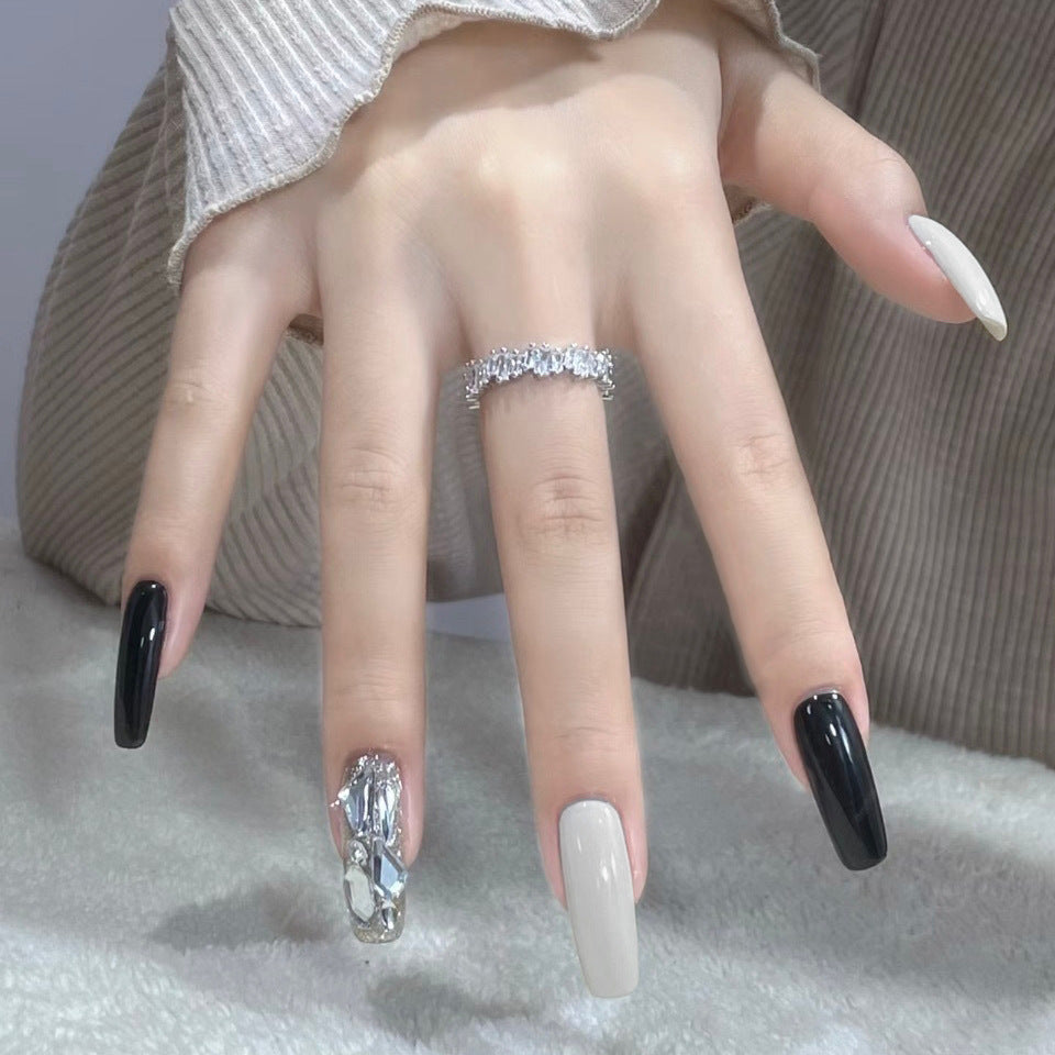 Elegant Evening Long Oval Black and Beige Press On Nail Set with Rhinestone Accent