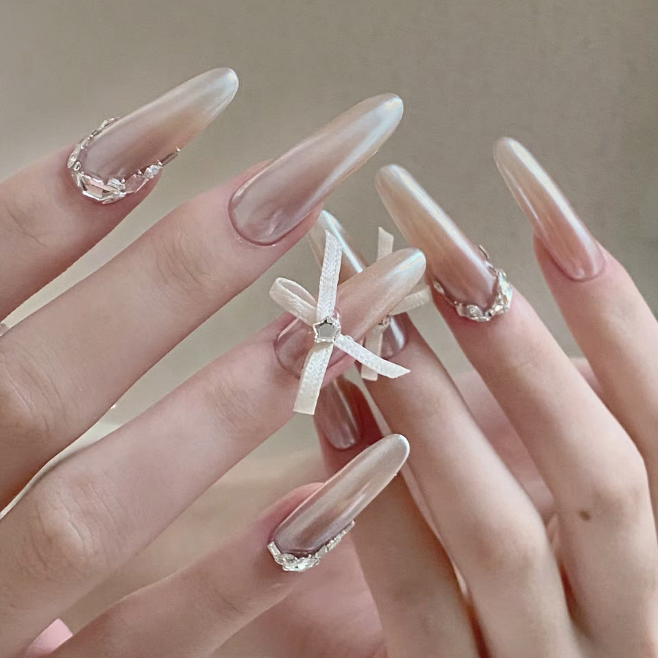 Elegant Fairy Tale Extra Long Ombre Almond Press On Nail Set with Crystal Accents and Ribbon Detail