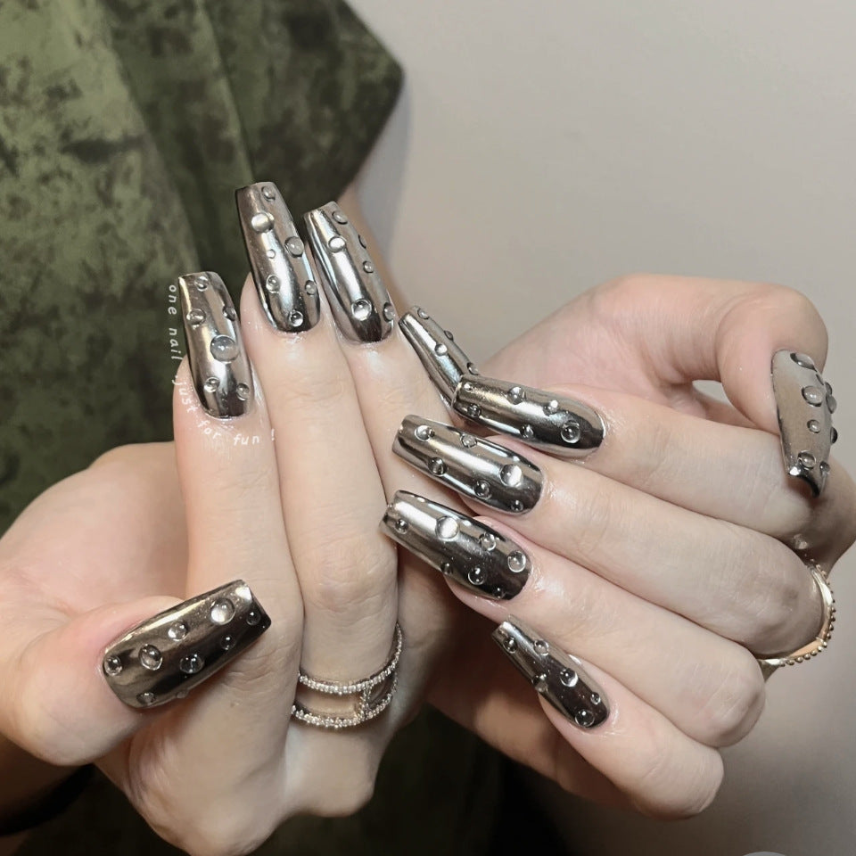 Futuristic Long Coffin Gunmetal Gray Press On Nail Set with 3D Bubble Accents