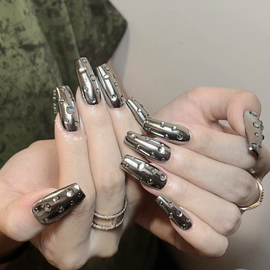 Futuristic Long Coffin Gunmetal Gray Press On Nail Set with 3D Bubble Accents
