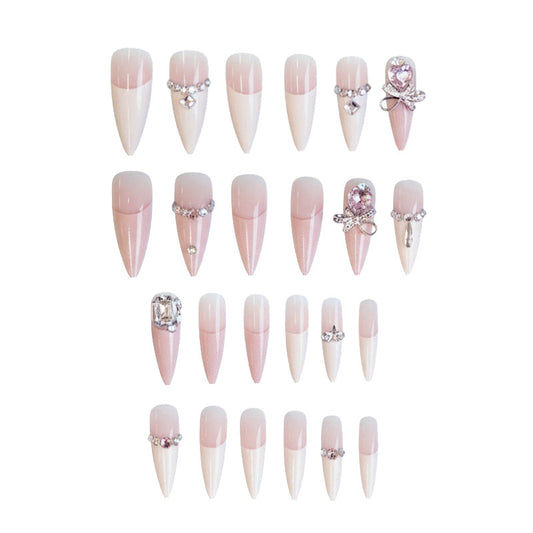 Glamorous Elegance Long Stiletto Shape Pink Ombre Nails with Sparkling Rhinestone Accents