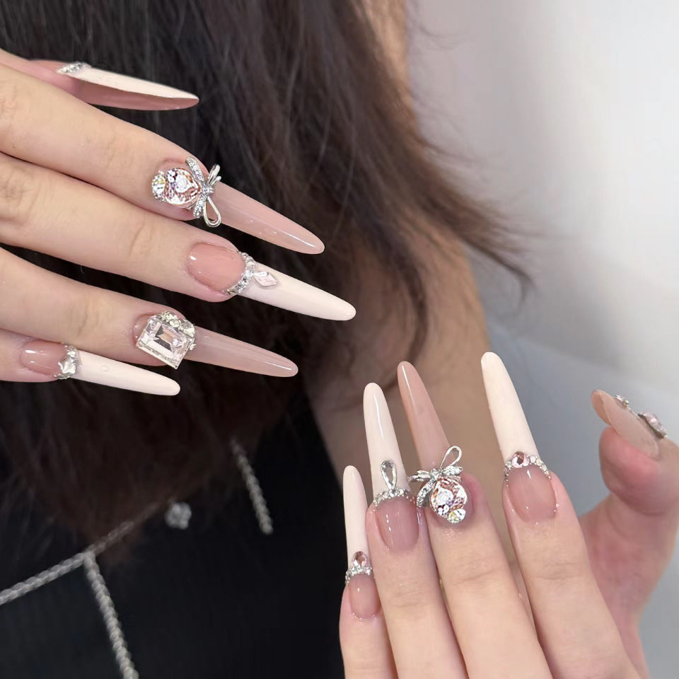 Glamorous Elegance Long Stiletto Gradient Pink with Dazzling Gemstone Accents Press On Nail Set
