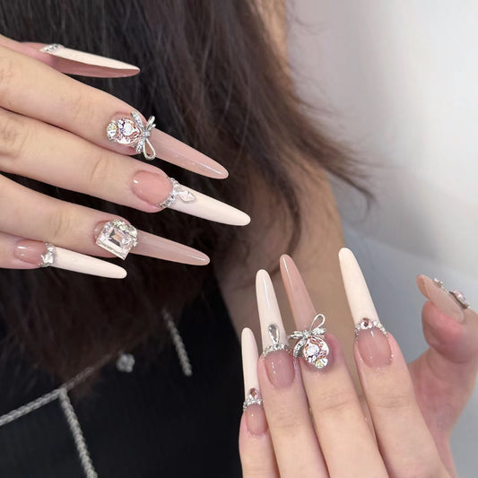 Glamorous Elegance Long Stiletto Gradient Pink with Dazzling Gemstone Accents Press On Nail Set