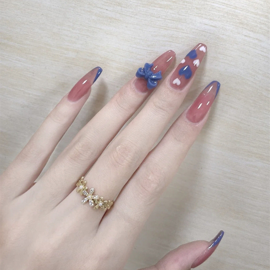Elegant Floral Fantasy Long Coffin Press On Nails in Dual-Tone Mauve and Navy Blue with 3D Flower Accents