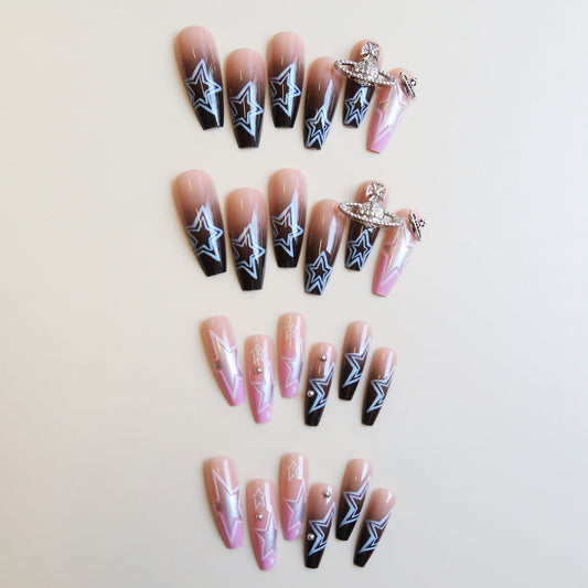 Celestial Glam Statement Long Coffin Ombre Pink and Brown with Star Design and Rhinestone Accents Press-On Nail Set
