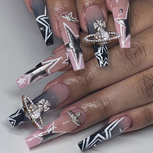 Galactic Glamour Long Coffin Gradient Pink and Black with Dazzling Rhinestone Accents Press-On Nail Set