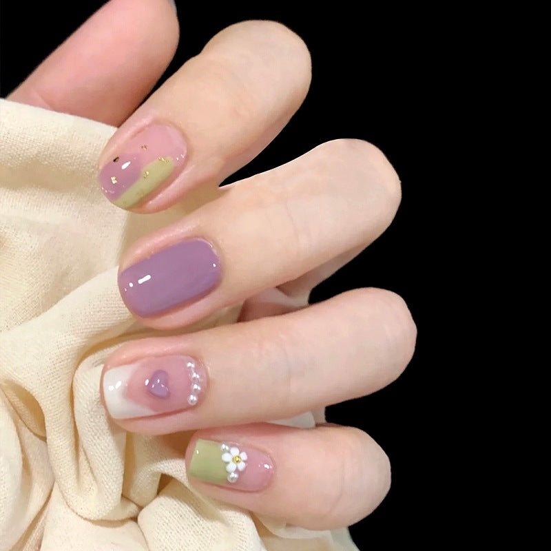 Enchanted Garden Medium Length Square Pastel Multicolor Press On Nail Set with Floral Accents and Rhinestones