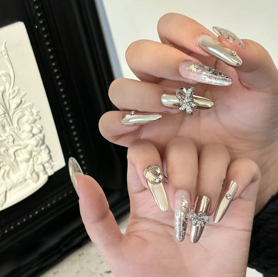 Glamorous Gala Extra-Long Round Champagne Glitter Press On Nail Set with 3D Jewel Accents