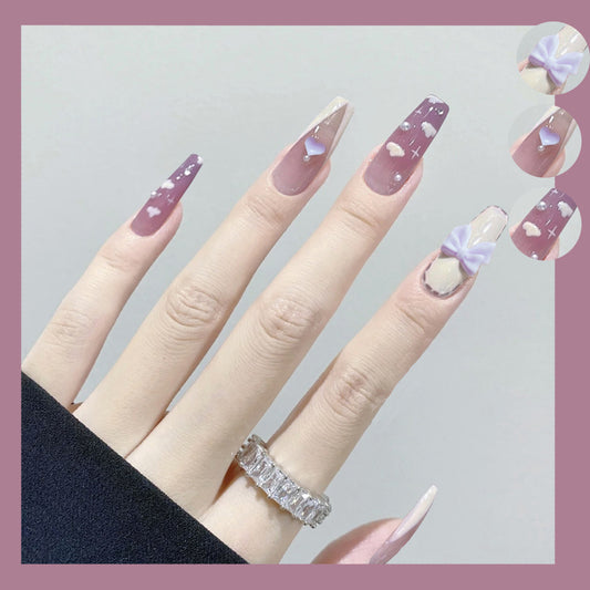 Lavender Dreams Long Coffin Lavender Press On Nails with Cloud and Bow Accents