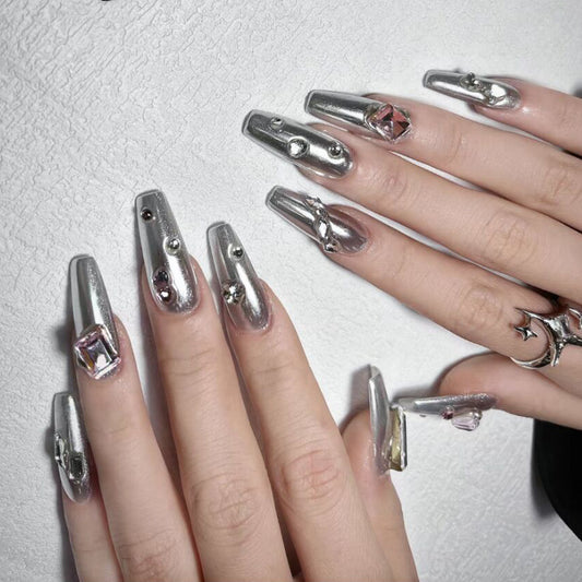 Futuristic Elegance Long Coffin Silver Press On Nail Set with Rhinestone Accents