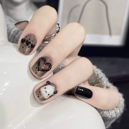 Enchanted Evening Short Length Square Press On Nails Set Beige And Black Palette With Adorable Bear Accents
