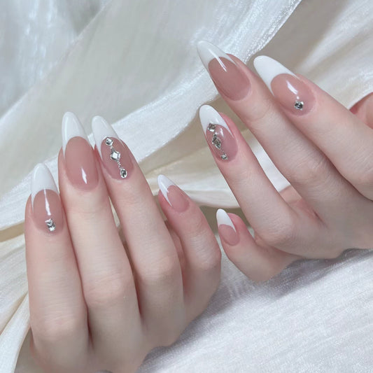 Elegant Bridal Long Almond French Manicure Press On Nails with Rhinestone Accents White and Beige