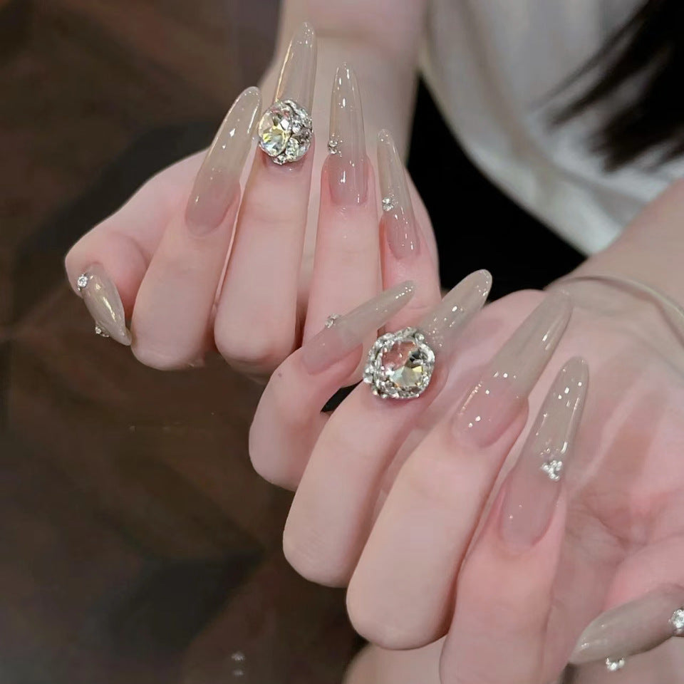 Glamorous Elegance Long Oval Ombre Beige Press On Nails with Sparkling Crystal Accents