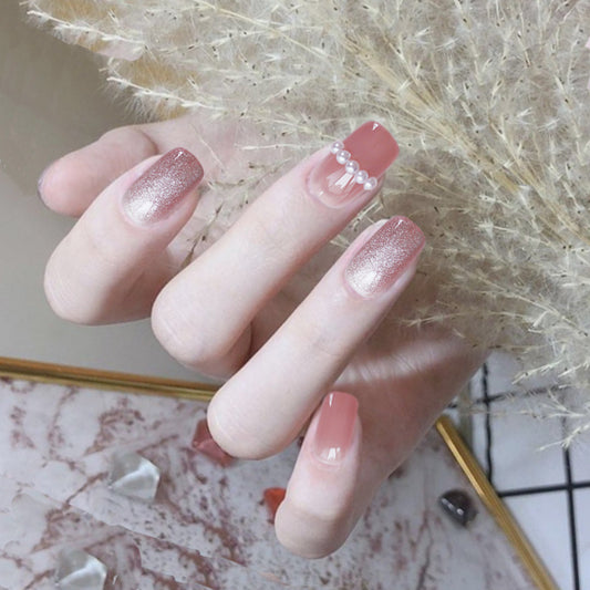 Elegant Bridal Short Square Beige Pink Press On Nail Set with Glitter Accent and Pearl Embellishments