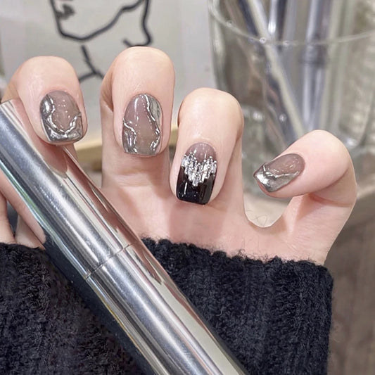 Elegant Evening Short Square Grey Press On Nail Set with Silver Glitter Accents