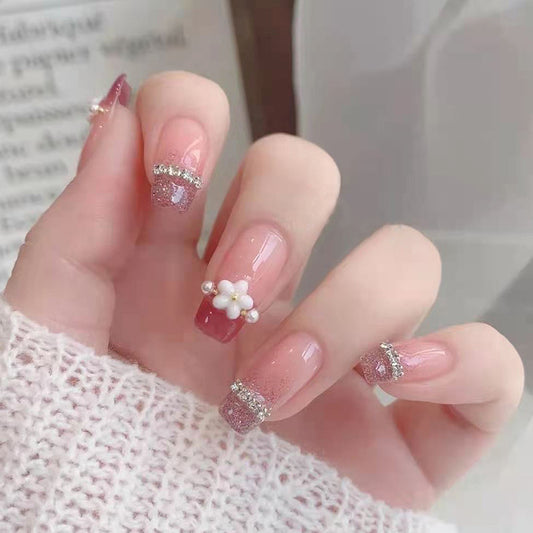 Spring Blossom Long Coffin Pink Glitter Accented Press-On Nail Set with 3D Floral Charm