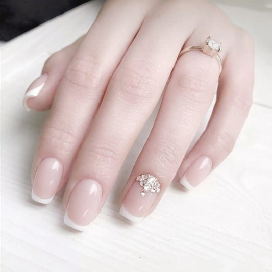 Elegant Bridal Medium Length Square Shape Beige and White Press On Nail Set with Rhinestone Accents