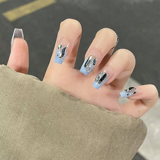 Celestial Dream Long Coffin Blue and Black Press On Nail Set with Glitter Accents