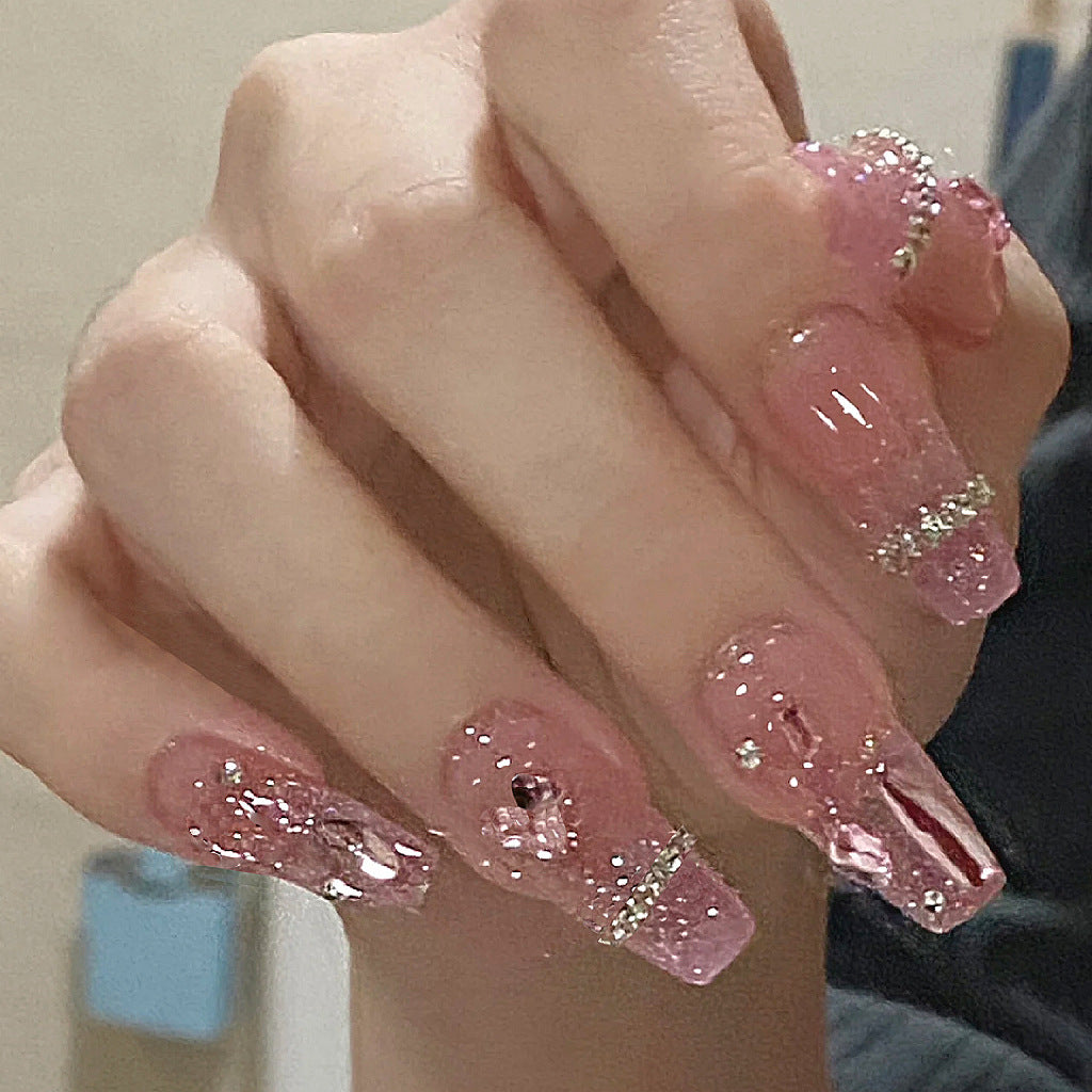 Enchanted Evening Long Coffin Pink Glitter Accent Press On Nail Set with Rhinestones and Sparkles