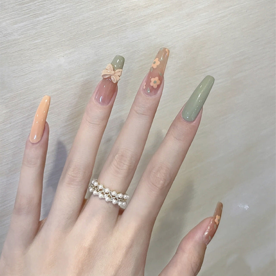 Enchanted Garden Extra Long Coffin Multicolor Floral Bow Detail Press On Nail Set