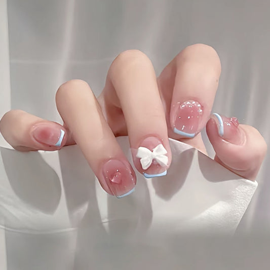 Springtime Elegance Short Length Square Shaped Pink and Blue Ombre Press On Nail Set with Rhinestones and Bow Accents