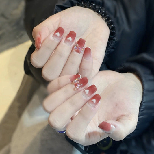 Enchanted Elegance Short-Length Square Shaped Burgundy Press On Nails with Sparkling Accents