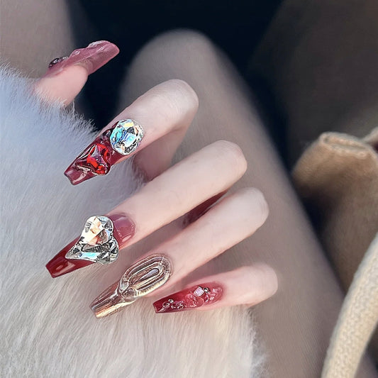 Glamorous Gala Long Coffin Burgundy Press On Nails with Silver Accents and Rhinestone Embellishments