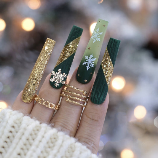 Winter Wonderland Long Coffin Green and Gold Press On Nail Set with Snowflake Accents