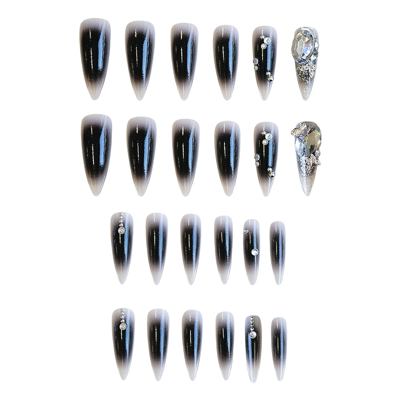 Glamorous Midnight Long Stiletto Press On Nail Set with Ombre Black and White Finish Featuring Dazzling Gemstone Accents