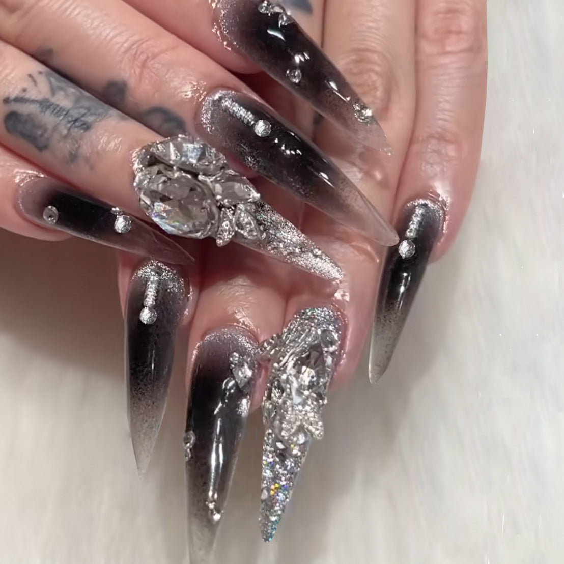 Glamorous Midnight Long Stiletto Ombre Press on Nail Set with Dazzling Gem Accents