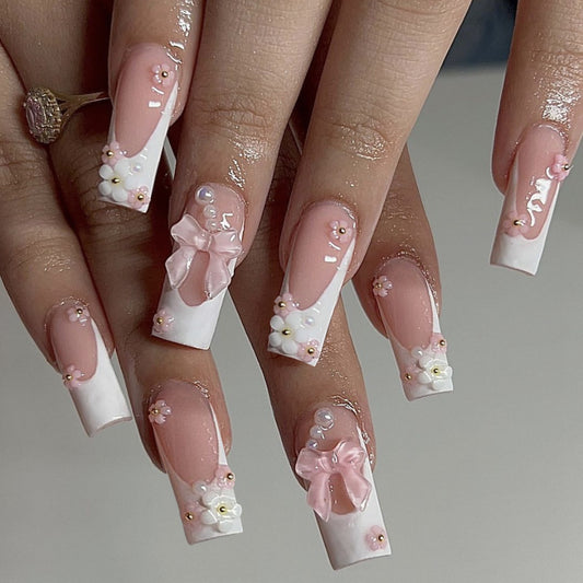 Elegant Bridal Long Coffin Pink and White Press On Nail Set with 3D Embellishments and Pearls