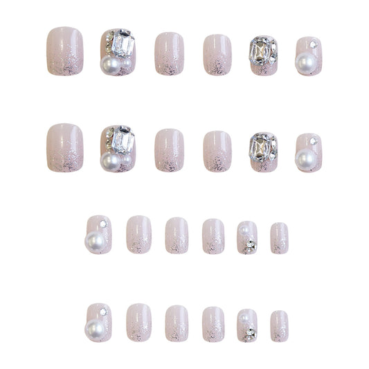 Chic Elegance Short Square Soft Pink Glossy Finish with Decorative Pearls and Crystals Press On Nail Set