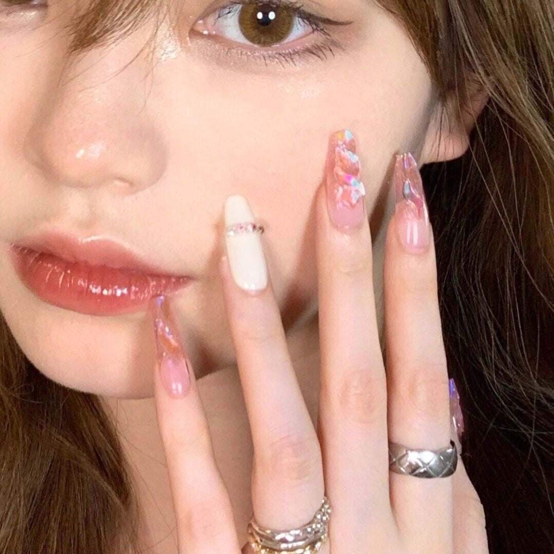 Enchanted Floral Fantasy Long Coffin-Shaped Pink Press On Nail Set with Rhinestone Accents