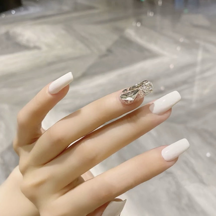 Elegant Bridal Bliss Long Square Shape Press On Nail Set in Classic White with Accent Rhinestone Feature