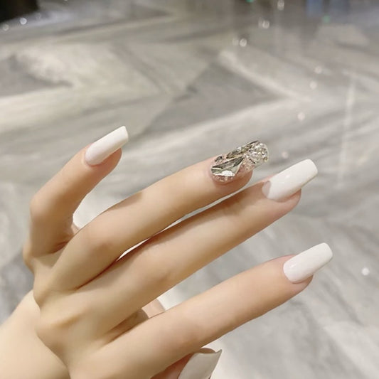 Elegant Bridal Bliss Long Square Shape Press On Nail Set in Classic White with Accent Rhinestone Feature