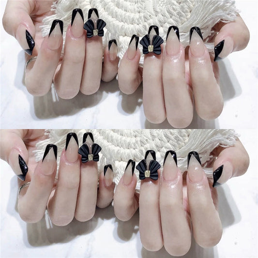 Elegant Evening Long Square Black Press On Nails with Chic Bow Accent